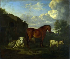 A Bay Horse, a Cow, a Goat and Three Sheep near a Building